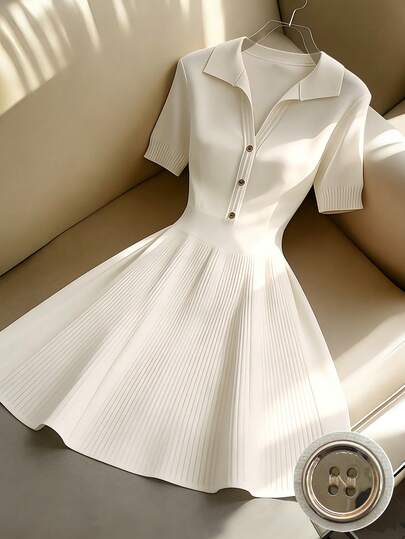 Franclia Women's Spring/Summer Simple Casual Versatile White Collared Short-Sleeved Slim Fit Knitted Solid Color Short Sweater Dress; Women's Summer Dress; Women's Spring Dress; Women's Elegant Party Dress; Women's Elegant Outfit; Women's Casual Top; White Dressfashionable Casual Commuter Wear, Business Office Wear, Versatile And Stylish Everyday Casual Wear, Urban Teacher's Professional Attire White Collared Dress Classy White Dress Knitted Dress Short Sleeve Dress Pleated Dress
