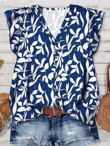 EMERY ROSE Women's Casual Minimalist Plant Pattern Cap Sleeve Shirt, Suitable For Summer - Blue and White - View 1