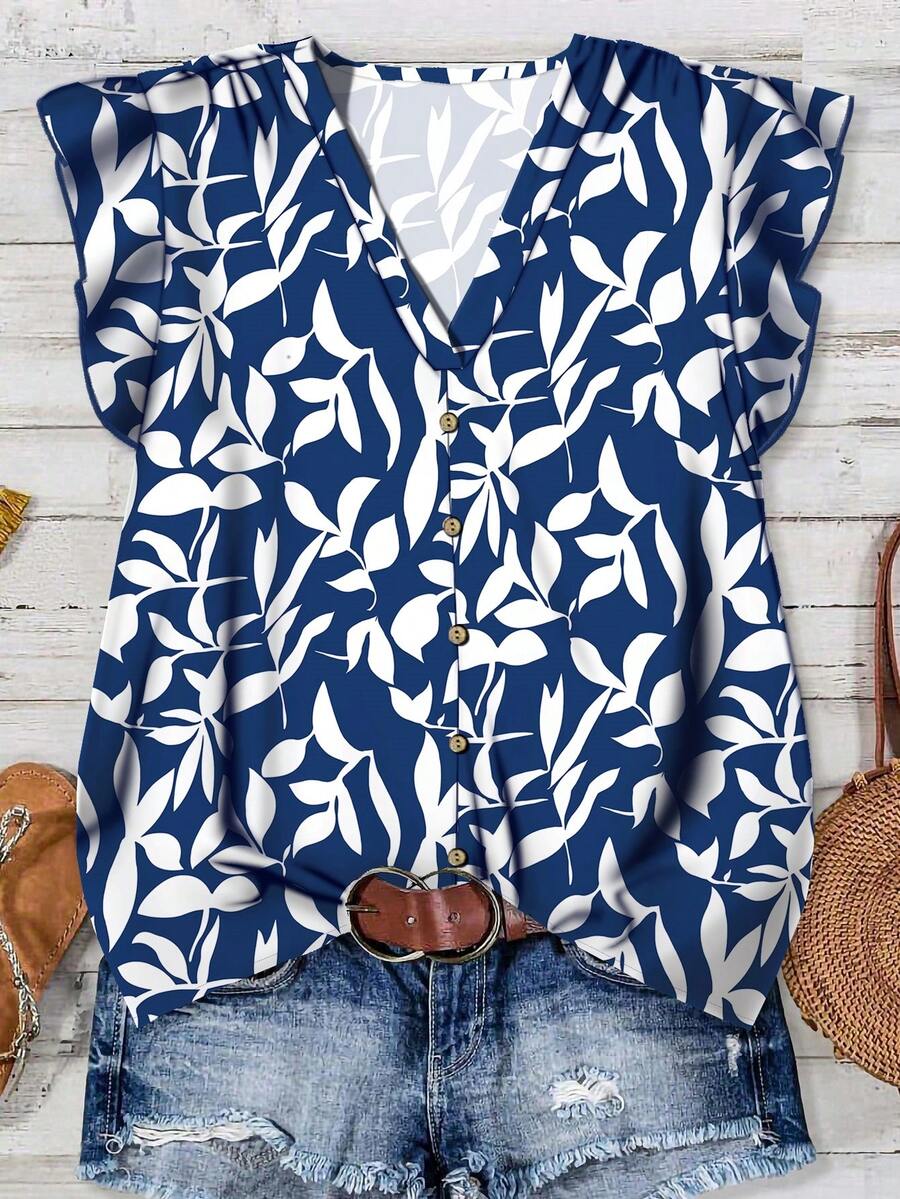EMERY ROSE Women's Casual Minimalist Plant Pattern Cap Sleeve Shirt, Suitable For Summer - Blue and White - View 1
