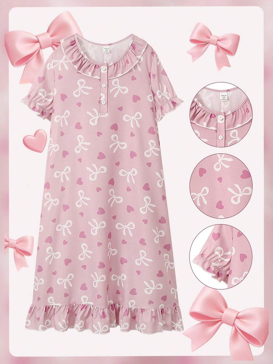 Girls' Bubble Crepe Heart & Bow Print Lapel Cardigan Dress With Ruffle Cuffs, Lightweight & Comfortable Sleepwear, Spring/Summer - Pink - View 1
