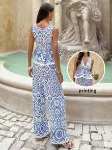 SHEIN Frenchy 女士V领印花扭结荷叶边下摆上衣和阔腿裤休闲两件套 - 彩色 - 查看 2