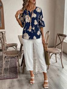 EMERY ROSE Bộ áo sơ mi và quần lửng in họa tiết hoa dành cho nữ - Màu xanh hải quân - Xem 6