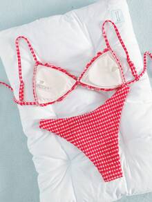 Swim Mod Textured Fabric Ruched Front Tie Bow Waist Pleated Cute Sweet Fashion Lively Party 2-Piece Bikini Set Set - Red - View 3