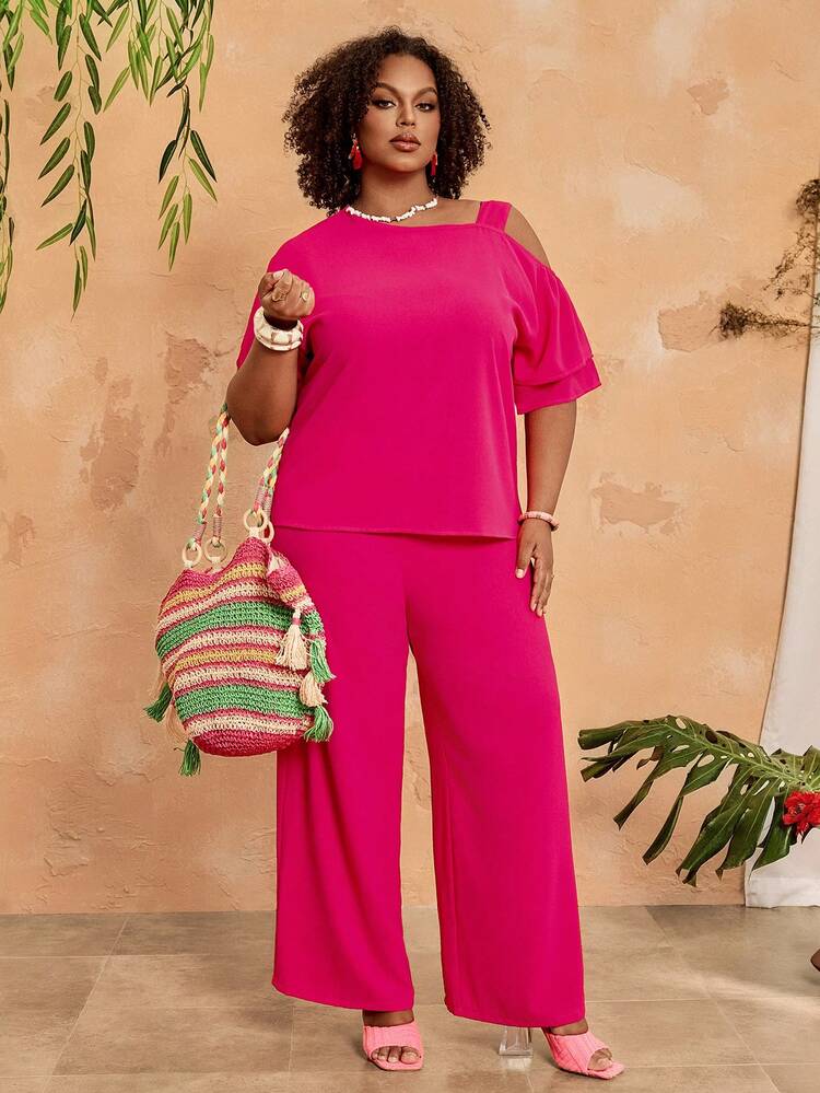 Plus Size Women's Solid Color Asymmetric Collar Short Sleeve Top And Wide Leg Pants Casual 2-Piece Set Women 2 Pieces Outfit Casual Women's Summer 2 Pieces Sets Women Vacation Outfit Sets Women's Summer Two-Piece Sets Summer Outfits Summer Clothes Spring Dress Spring Outfit Women Spring Clothing Beach Vacation Outfits For Women Vacation Dress Bohemian Festival Outfits For Women Beach Outfits For Women