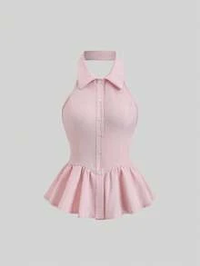 Sweetra French Sweet Elegant Style Girly Pink Collar Design Spring/Summer Fashion New Button Cinched Waist Bow Accent Pure Elegant Women Blouse - Pink - View 2