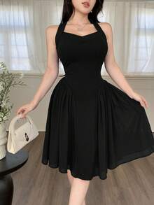 Women's Solid Color Pleated Elegant Waist Midi Dress, Suitable For Dates And Parties - Black - View 5