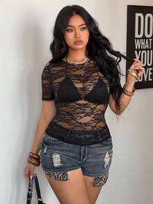 Coolane 女士加大码春夏街头风Y2K半透明蕾丝迷你T恤，修身款 - 黑色 - 查看 3