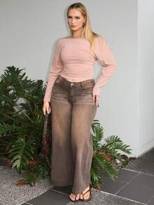 Arliah 女式条纹不对称肩长袖收腰短款时尚T恤 - 紅色 - 查看 4