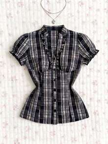 SHEIN X Scot Louie Elamini 女士格子衬衫 女士短袖格子荷叶边修身衬衫 格子上衣 女士衬衫 女士短袖上衣 短袖格子衬衫 - 黑色 - 查看 1