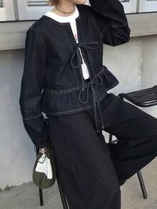 FRIFUL 女士时尚系带荷叶边下摆牛仔外套 - 藍色 - 查看 5