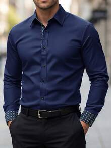 Manfinity Mode Men's Casual Business Long Sleeve Geometric Pattern Patchwork Shirt - Navy Blue - View 1