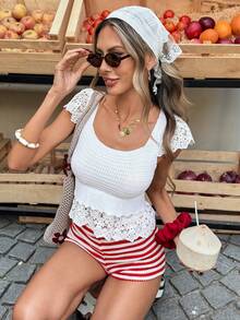 Selianne Áo khoác không tay dáng ngắn cổ vuông viền ren mùa xuân/hè mới, áo vest len dệt kim gợi cảm và tôn dáng kiểu dáng nghỉ dưỡng dành cho nữ. - trắng - Xem 8