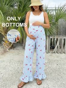 SHEIN 孕妇休闲格子樱桃印花裤 - 藍白色 - 查看 1