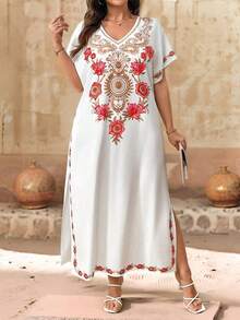 EMERY ROSE Plus Size Women's Summer Vacation Floral Print V-Neck Batwing Sleeve High Slit Hem Loose Dress - Red and White - View 1