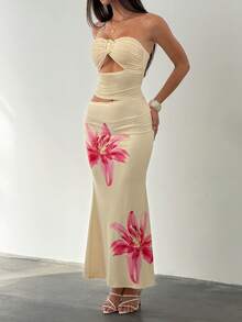 Bluhae Vestido longo feminino de malha sem mangas com estampa floral tropical, decote tomara que caia e fivela de metal. Ideal para férias na praia, charmoso, sexy, elegante, para o dia a dia, encontros, estilo francês, retrô, versátil, perfeito para feriados e casamentos na primavera e no verão. - Multicolorido - Ver 5
