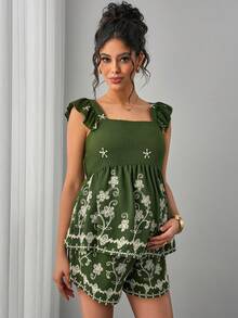 SHEIN Maternity Floral Embroidery Square Neck Cap Sleeve Top And Shorts Casual Suit - Army Green - View 5
