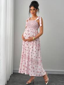 Momance Maternity Ditsy Floral Tie Shoulder Strap Midi Dress - Pink - View 3