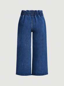 SHEIN Young Girls New Vacation Sunflower Ruffle Elastic Waist Comfortable Soft Loose Casual Fashion Jeans - Medium Wash - View 2
