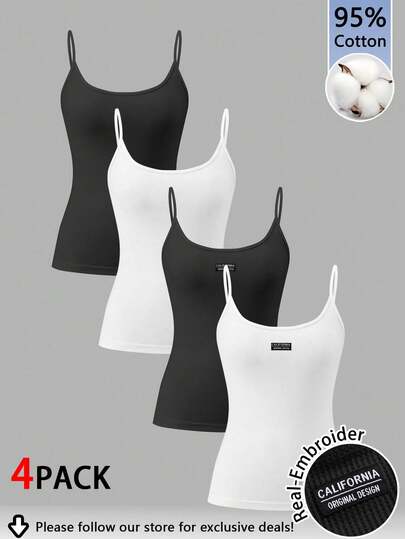 Tseoso 4件套95%纯棉黑白刺绣字母图案吊带背心套装，适合外出、居家、时尚、度假穿着。