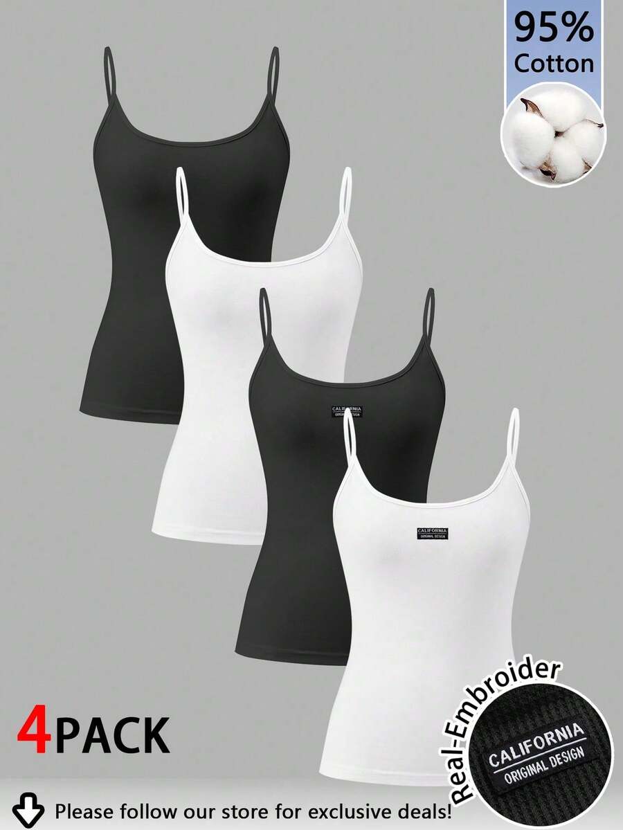 Tseoso 4件套95%纯棉黑白刺绣字母图案吊带背心套装，适合外出、居家、时尚、度假穿着。 - 彩色 - 查看 1