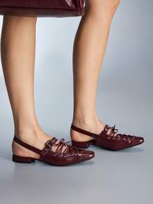 CUCCOO GRLICON 复古时尚金属扣系带低跟闭趾女鞋 - 酒紅色 - 查看 4