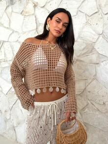 Firerie 女士优雅休闲镂空透视贝壳下摆宽松针织沙滩罩衫，适合春夏海滩度假 - 卡其色 - 查看 7