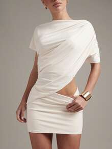 Hauture Bộ đồ nữ gợi cảm gồm áo thun và chân váy bất đối xứng, kiểu dáng công sở quyến rũ. - Màu be - Xem 6