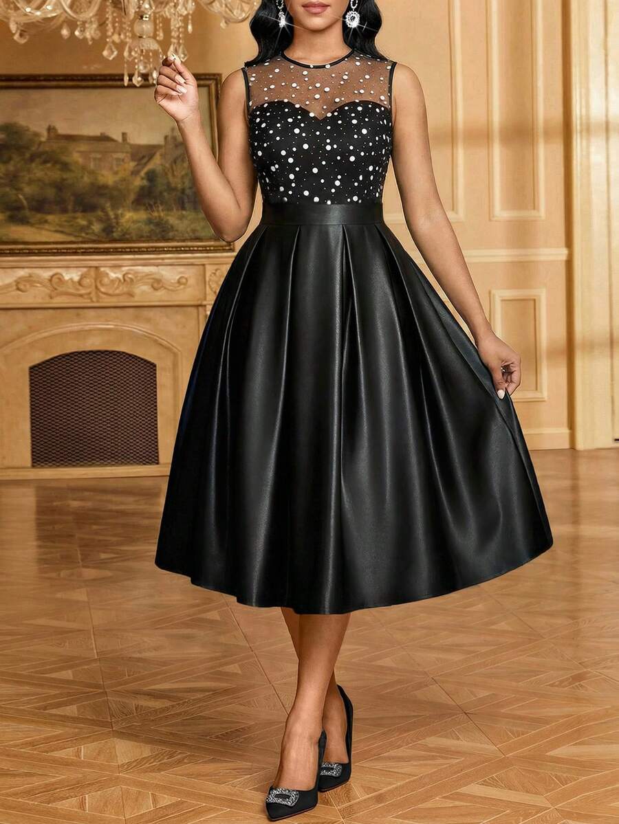 SHEIN Lady Women's Polka Dot Mesh Patchwork Round Neck Sleeveless Pleated Hem Elegant Mid-Length Dress - Multicolor - View 1