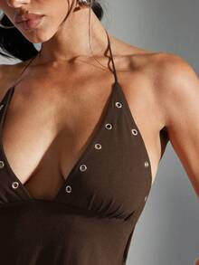 Denimoi Studded O-Ring Backless Halter Top - Coffee Brown - View 2