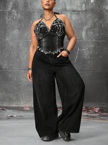 ROMWE Grunge Punk Jeans rectos de talla grande para mujer, extra largos, con lavado desgastado, estampado de cruz y vid, estilo punk - Negro - Ver 7