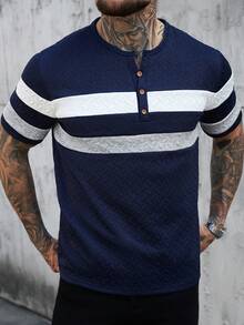 Manfinity Homme 男士条纹纽扣设计休闲短袖T恤，日常必备单品 - 藏蓝色 - 查看 4