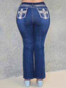 Arliah Y2K复古露脐口袋交叉翅膀刺绣修身喇叭裤女式牛仔裤 - 藍色 - 查看 2