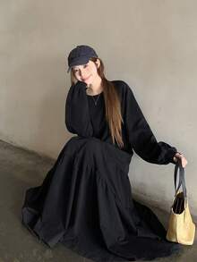 DAZY Đầm nữ cổ tròn màu trơn kiểu Hàn Quốc, viền bèo nhún, dáng dài ngang gối, thích hợp mặc đi hè. - màu đen - Xem 8