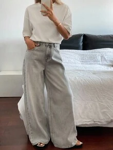 DAZY 女士水洗韩式百搭口袋纽扣喇叭裤 - 灰色 - 查看 4