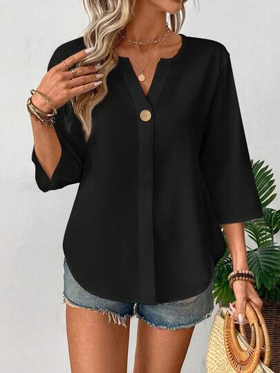 EMERY ROSE Blusa de manga corta con cuello en V minimalista para mujer de talla grande, camisa de talla grande