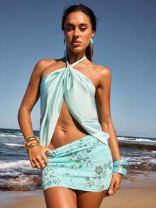 SHEIN BAE Women's Solid Color Ruched Hem Halter Neck Top And Sequin Bodycon Mini Skirt Sexy 2-Piece Set - Mint Green - View 5