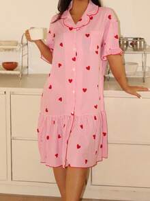 Liftille Striped Heart Print Short Sleeve Women Nightgown - Multicolor - View 4