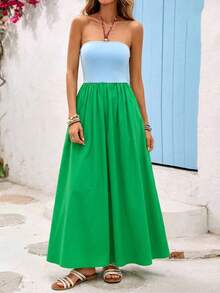 Vivid Eden 女士休闲优雅浪漫日常度假撞色连衣裙，无肩带连衣裙，女士蓝色连衣裙和绿色连衣裙，春夏款 - 綠色 - 查看 8