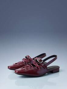 CUCCOO GRLICON 复古时尚金属扣系带低跟闭趾女鞋 - 酒紅色 - 查看 7