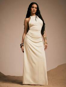 Hauture Đầm maxi hở lưng cổ cao gợi cảm dành cho nữ, trang trí bằng vòng tre và hạt gỗ. - Màu be - Xem 3