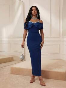 Savoree Women's Rhinestone Decor Off-Shoulder Fitted Elegant Dress - Blue - View 6