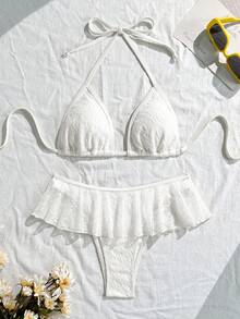 Swim Mod Bộ bikini 2 mảnh màu trơn tối giản, gợi cảm, gồm áo croptop hai dây buộc cổ và bikini tam giác viền bèo nhún. - trắng - Xem 5