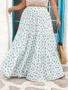 SHEIN CURVE+ 女士休闲度假印花松紧腰荷叶边下摆半身裙 - 藍白色 - 查看 9