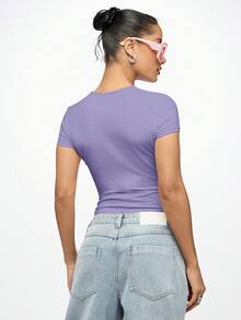 SUMWON WOMEN Video Vixen Retro Script Crop Top With Short Sleeves And Crew Neckline Graphic Tee Style Fitted Cotton Casual - Lilac Purple - View 2
