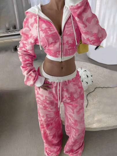 Rovax 2pcs Women Camouflage Print Hooded Zip-Up Long Sleeve Top And Drawstring Waist Sweatpants Set