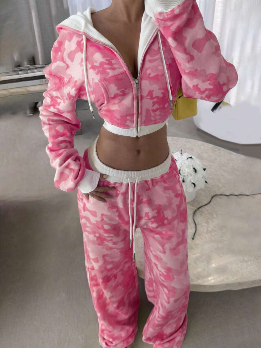 Rovax 两件套女士迷彩印花连帽拉链长袖上衣和抽绳腰带运动裤 - 彩色 - 查看 1