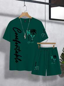 Manfinity RSRT Men's Retro American Street Style Letter M & NY Palm Tree Graphic Round Neck Casual Suit, Men's Round Neck Vacation Casual Suit - Green - View 3