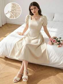 女童简约韩版优雅翻领泡泡袖收腰中长连衣裙，适合外出和聚会 - 卡其色 - 查看 6