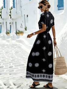 Breezaya 女士优雅复古定位印花V领短袖收腰A字连衣裙，春夏款 - 黑色 - 查看 2