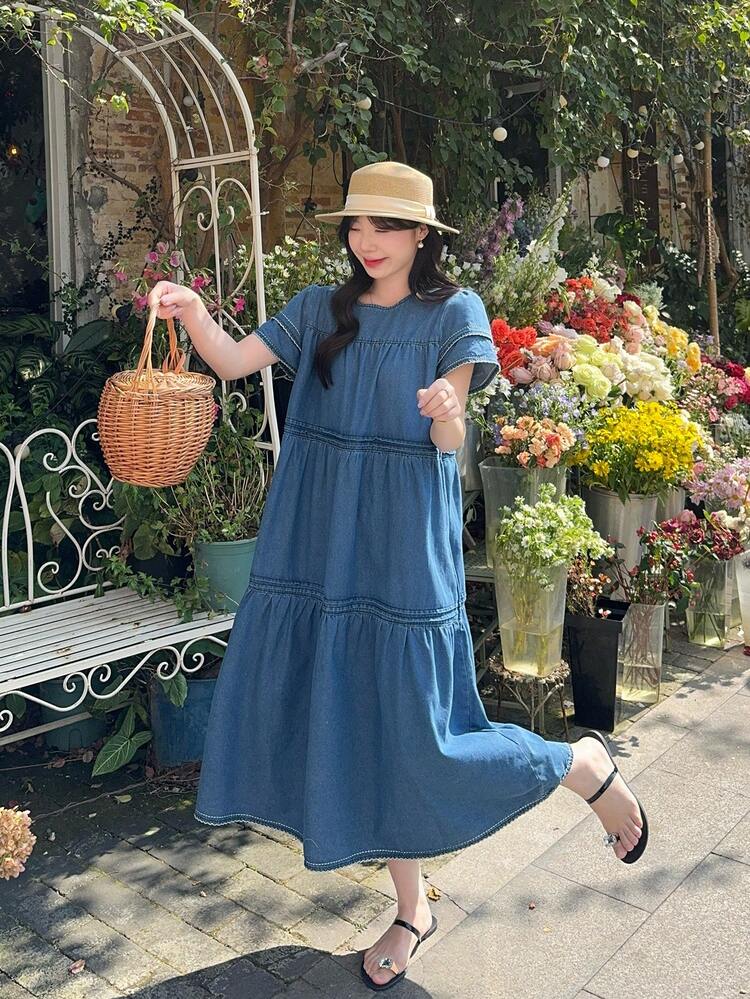 Women's Round Neck Ruffle Trim Fresh Korean Style Vacation Atmosphere Denim Dress Maxi Dress